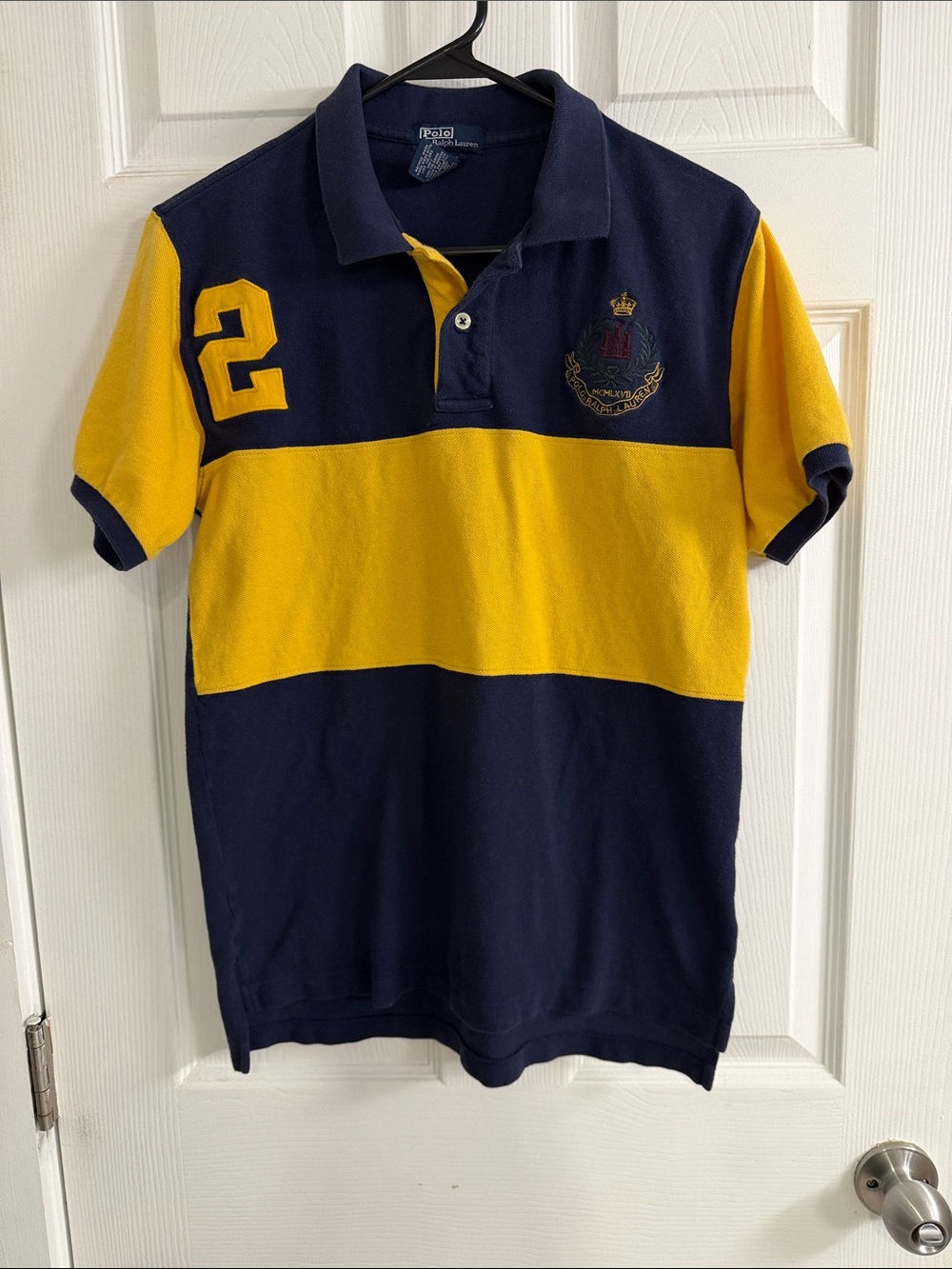 Polo by Ralph Lauren Navy & Yellow Striped Rugby Polo with Crest Patch